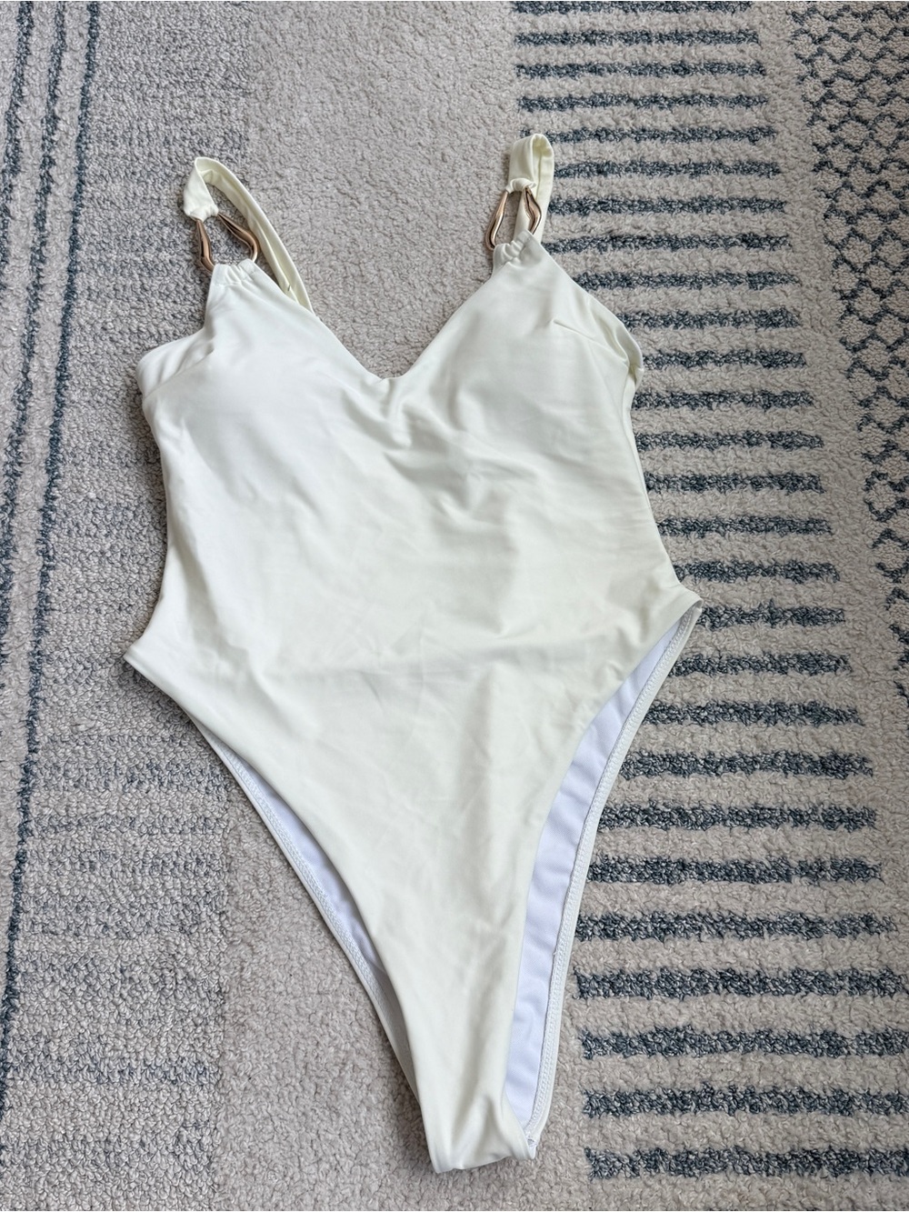 Shein - Cream One-Piece Swimsuit with Gold Accent Straps